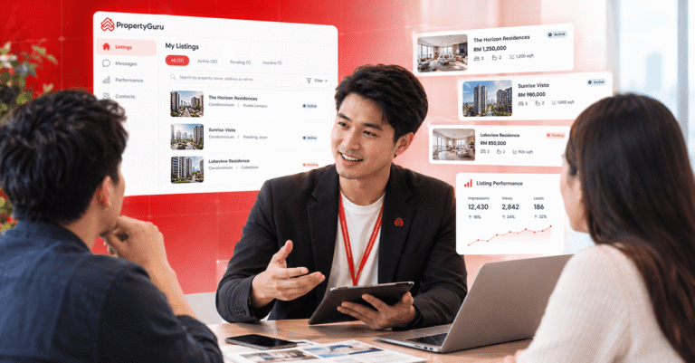 Property agent in Malaysia managing multiple property listings using a centralised dashboard and listing performance insights.