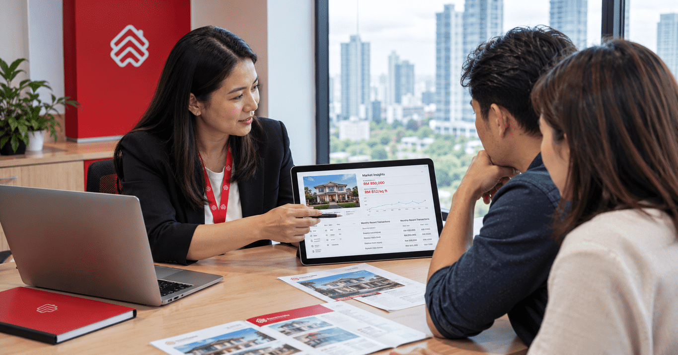 Real estate agent in Malaysia discussing property market data and pricing with sellers in a modern office.